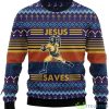Baseball Jesus Saves Ugly Christmas AOP Sweater 3D Product Photo 1