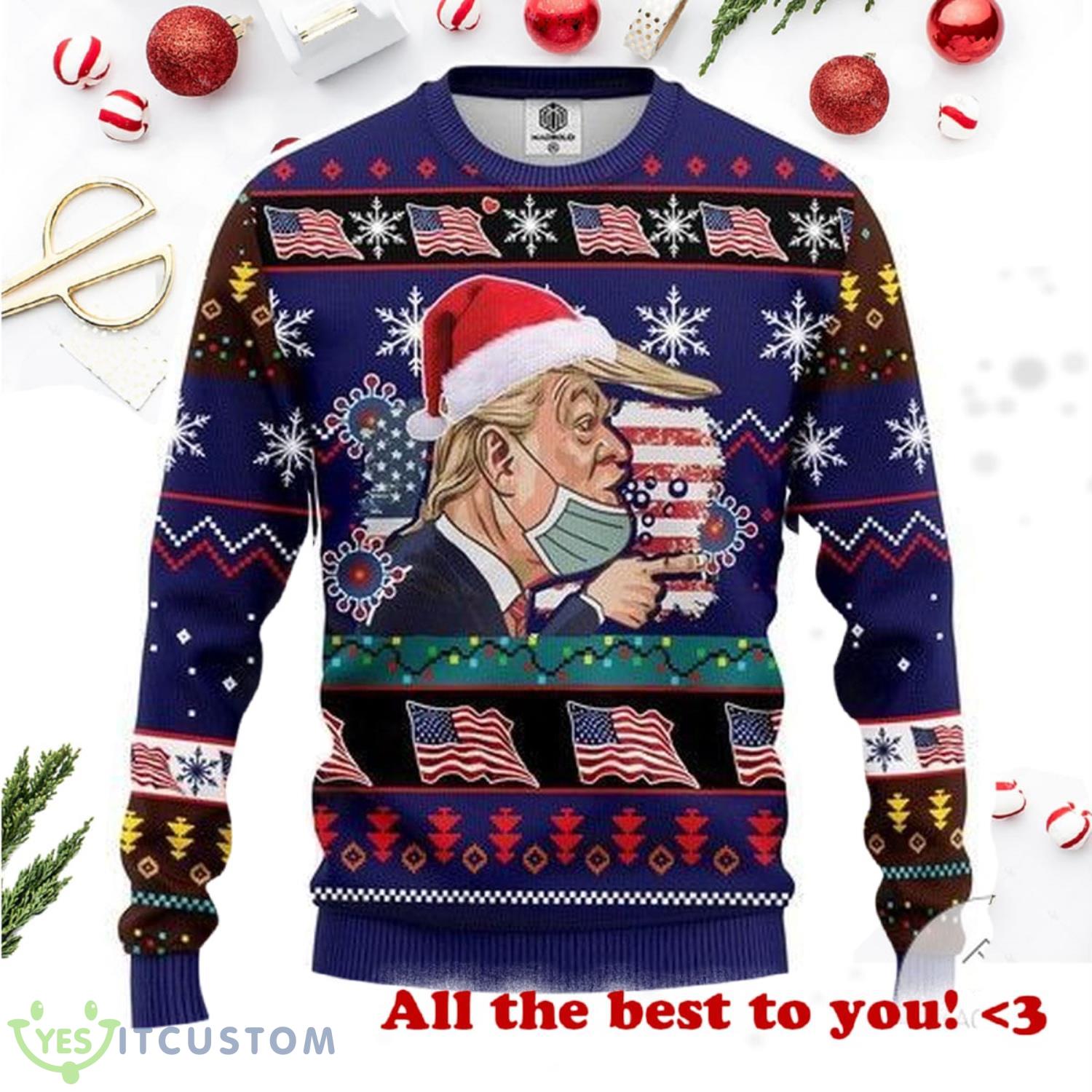Donald Trump Wearing Facemask Knitting Pattern Ugly Christmas Sweater 2 Donald Trump Wearing Facemask Knitting Pattern Ugly Christmas Sweater Product Photo 1