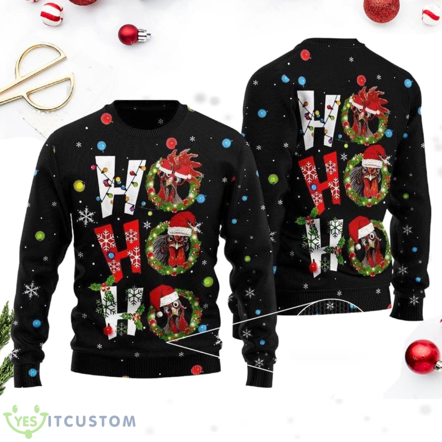 Rooster Ho Ho Ho All Over Print 3D Christmas Sweater 3 Rooster Ho Ho Ho All Over Print 3D Christmas Sweater Product Photo 1