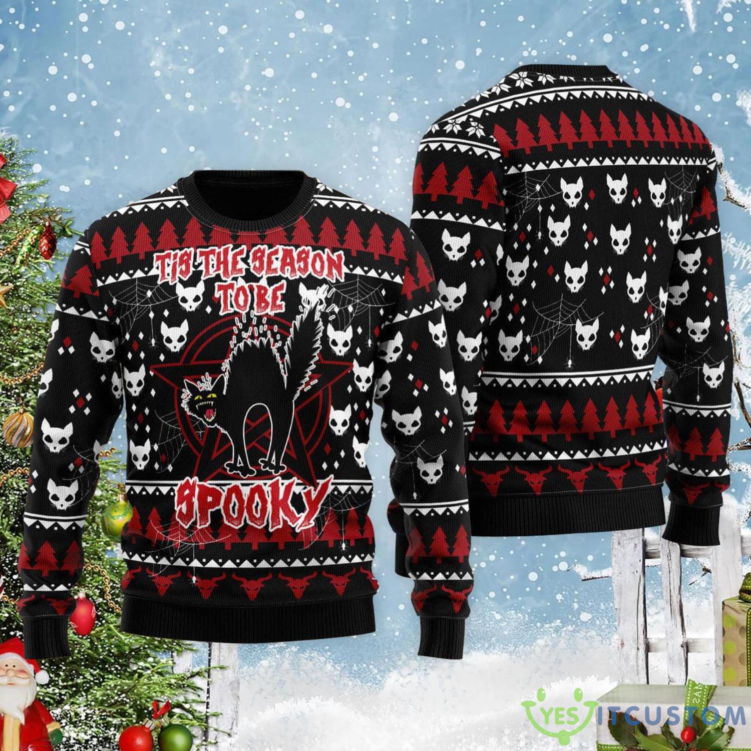 Black Cat Tis The Season To Be Spooky Halloween Ugly Christmas Sweater 6 Black Cat Tis The Season To Be Spooky Halloween Ugly Christmas Sweater Product Photo 2
