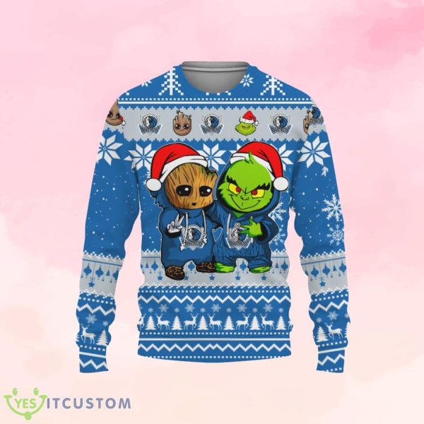 Dallas Mavericks Baby Groot And Grinch Ugly Christmas Sweater Product Photo 1