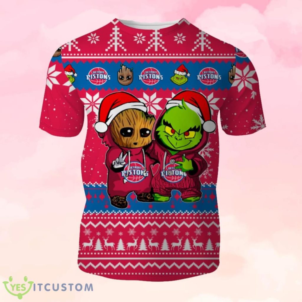 Detroit Pistons Baby Groot And Grinch Ugly Christmas 3D TShirts