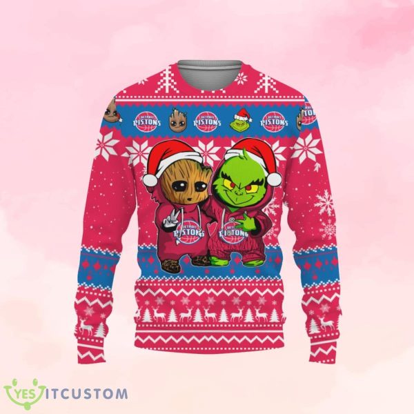 Detroit Pistons Baby Groot And Grinch Ugly Christmas Sweater Product Photo 1