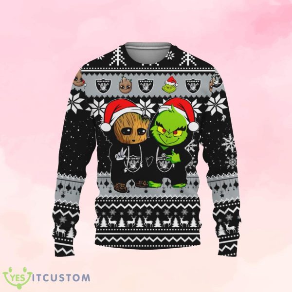 Oakland Raiders Baby Groot And Grinch Ugly Christmas Sweater Product Photo 1