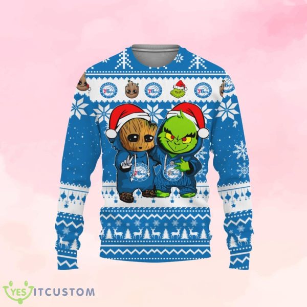 Philadelphia 76ers Baby Groot And Grinch Ugly Christmas Sweater Product Photo 1