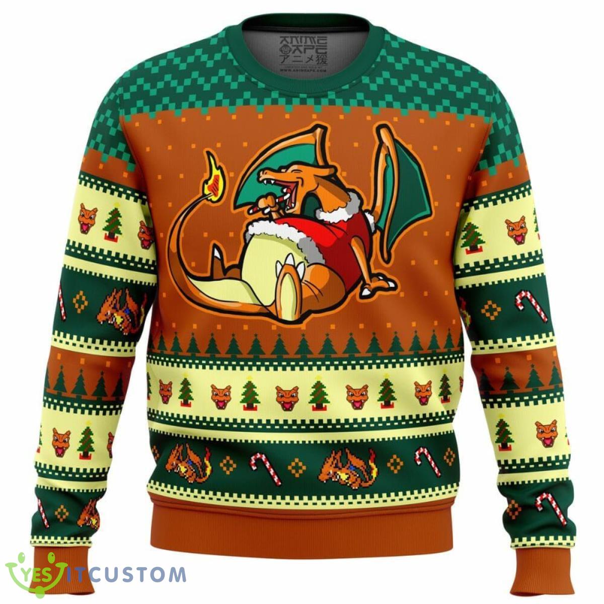 Pokemon Eating Candy Cane Charizard Ugly Christmas Sweater 3 Pokemon Eating Candy Cane Charizard Ugly Christmas Sweater Product Photo 1