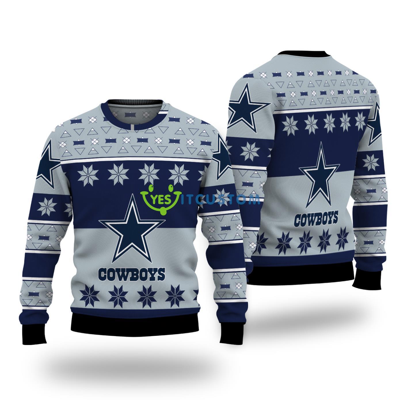 Dallas Cowboys Snowflakes Pattern Ugly Christmas Sweater 3 Dallas Cowboys Snowflakes Pattern Ugly Christmas Sweater Product Photo 1