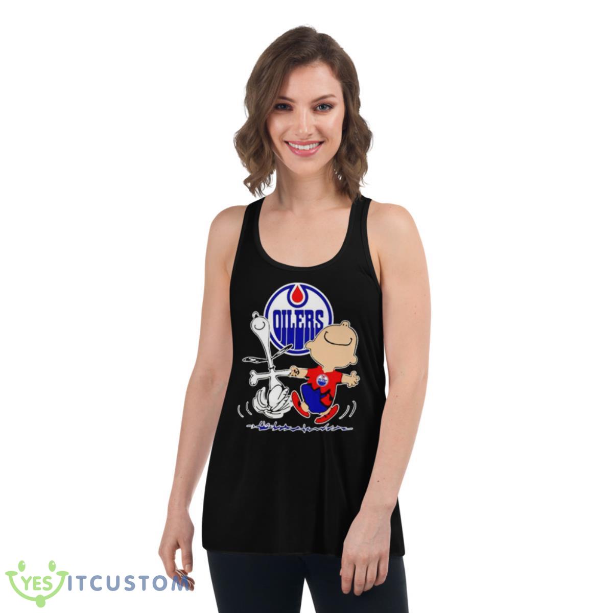 Edmonton Oilers Snoopy and Charlie Brown dancing shirt 5 Edmonton Oilers Snoopy and Charlie Brown dancing shirt - Women's Flowy Racerback Tank