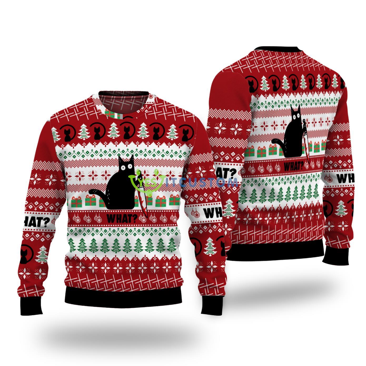 Funny Black Cat What Ugly Christmas Sweater 3 Funny Black Cat What Ugly Christmas Sweater Product Photo 1