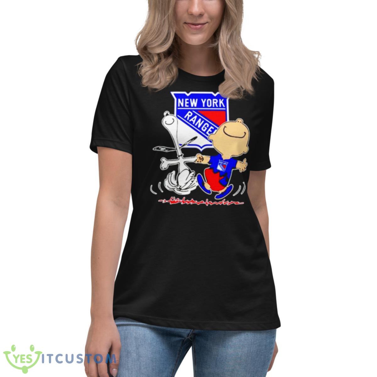 New York Rangers Snoopy and Charlie Brown dancing shirt 6 New York Rangers Snoopy and Charlie Brown dancing shirt - Women's Relaxed Short Sleeve Jersey Tee