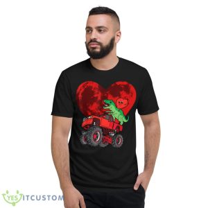 Heart Dinosaur Riding Monster Truck Valentines Day Moon Shirt - Short Sleeve T-Shirt