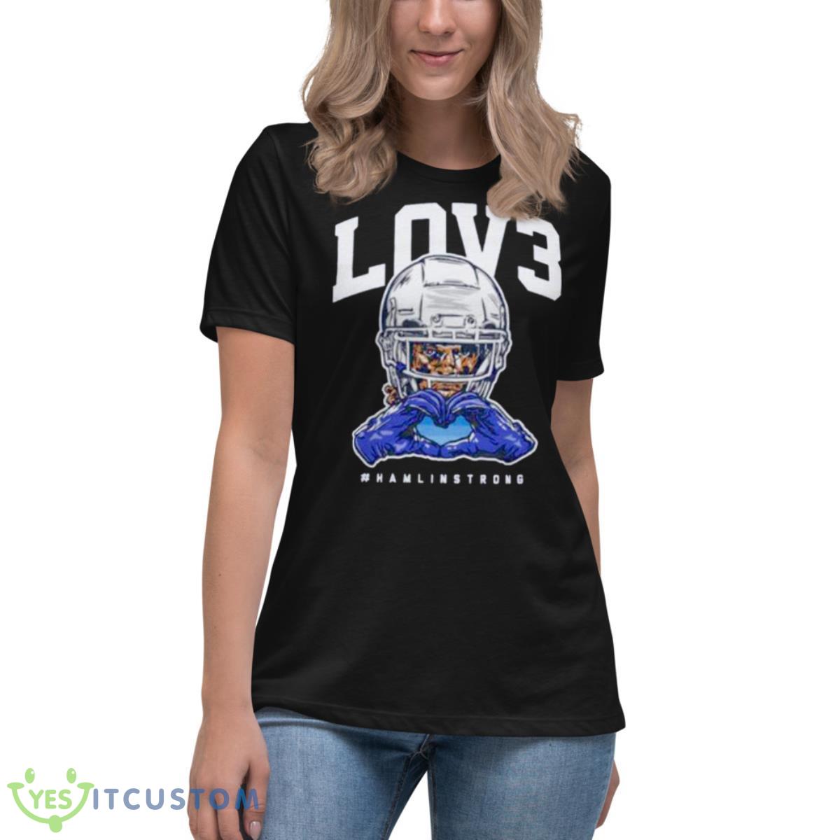Lov3 Damar Hamlin Buffalo Bill shirt 6 Lov3 Damar Hamlin Buffalo Bill shirt - Women's Relaxed Short Sleeve Jersey Tee