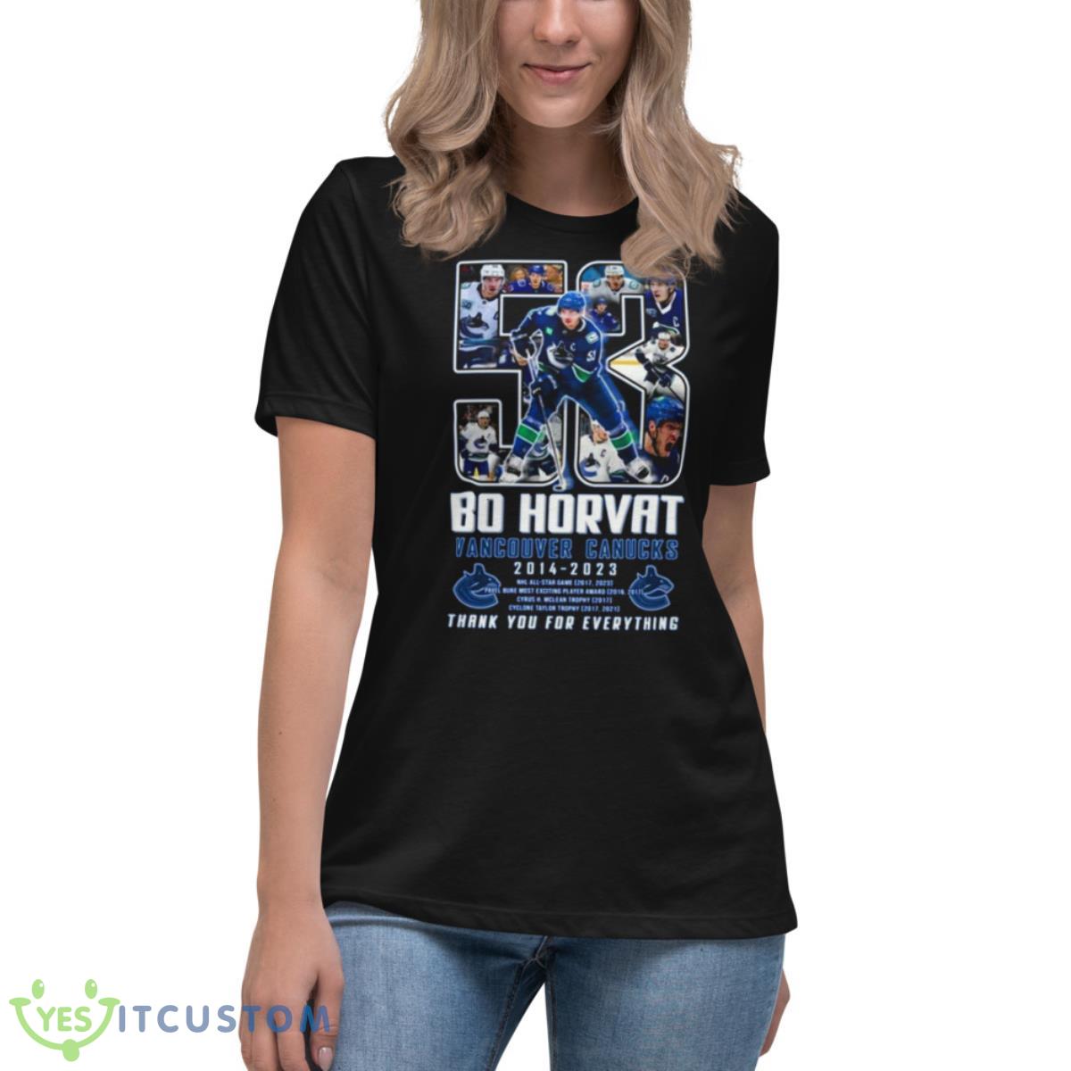 Bo Horvat Vancouver Canucks 2014 – 2023 Thank You For Everything Shirt 6 Bo Horvat Vancouver Canucks 2014 – 2023 Thank You For Everything Shirt - Women's Relaxed Short Sleeve Jersey Tee