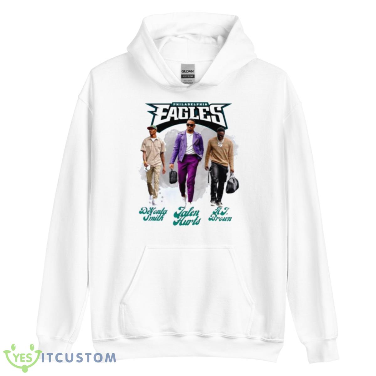 Jalen Hurts DeVonta Smith AJ Brown Eagles Super Bowl 2023 Shirt 3 Jalen Hurts DeVonta Smith AJ Brown Eagles Super Bowl 2023 Shirt - Unisex Heavy Blend Hooded Sweatshirt