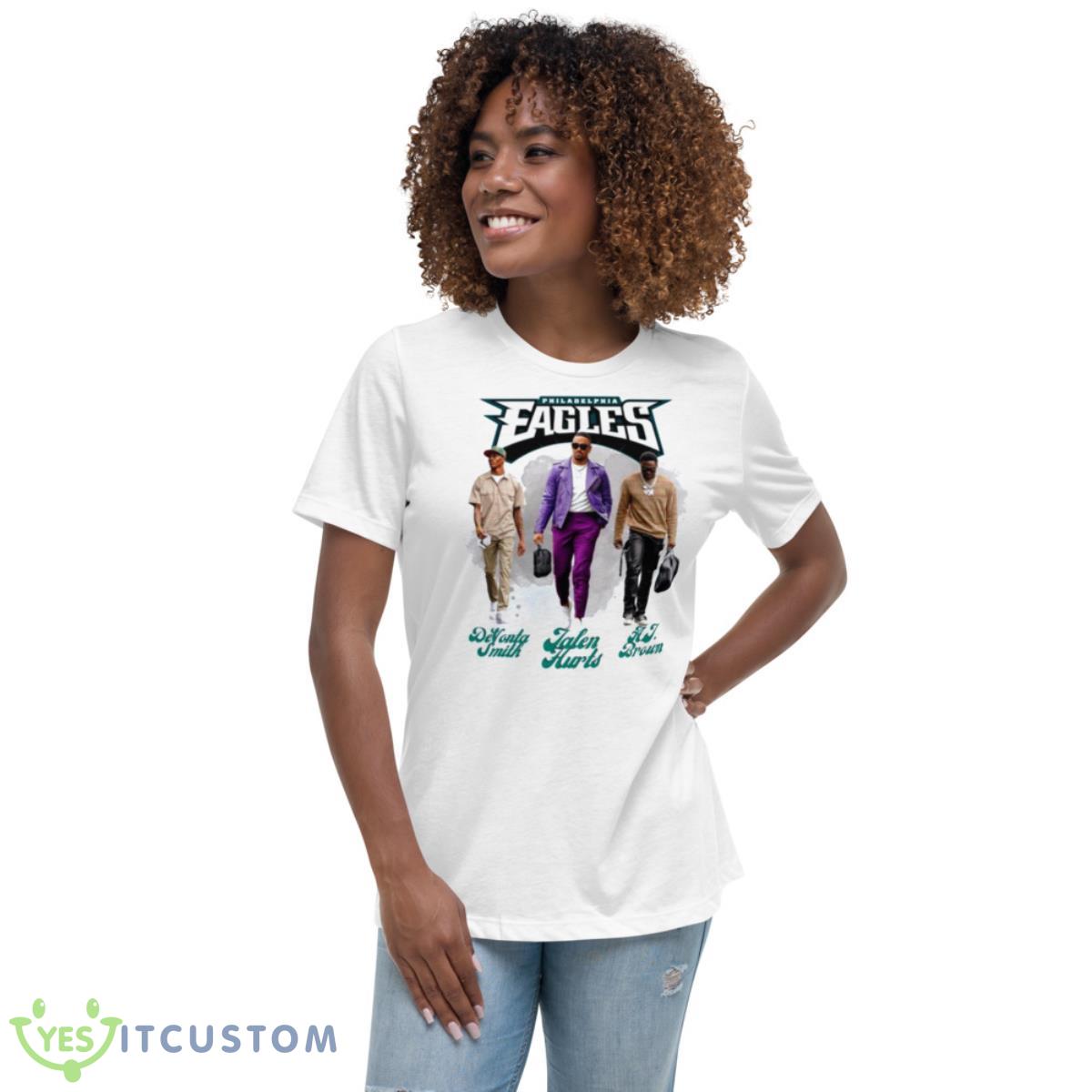 Jalen Hurts DeVonta Smith AJ Brown Eagles Super Bowl 2023 Shirt 5 Jalen Hurts DeVonta Smith AJ Brown Eagles Super Bowl 2023 Shirt - Women's Relaxed Short Sleeve Jersey Tee