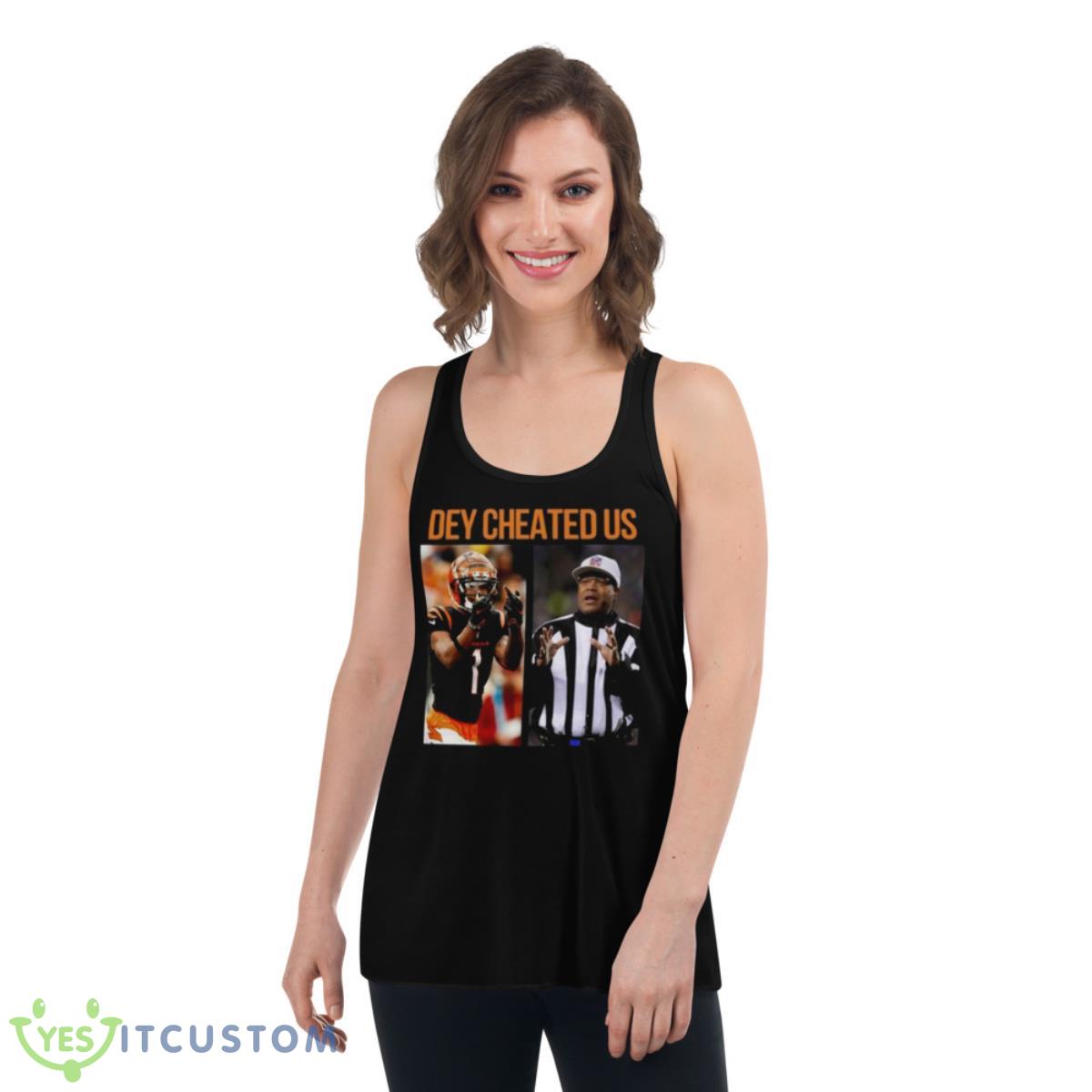 Ja’marr Chase Dey Cheated Us Shirt 5 Ja’marr Chase Dey Cheated Us Shirt - Women's Flowy Racerback Tank