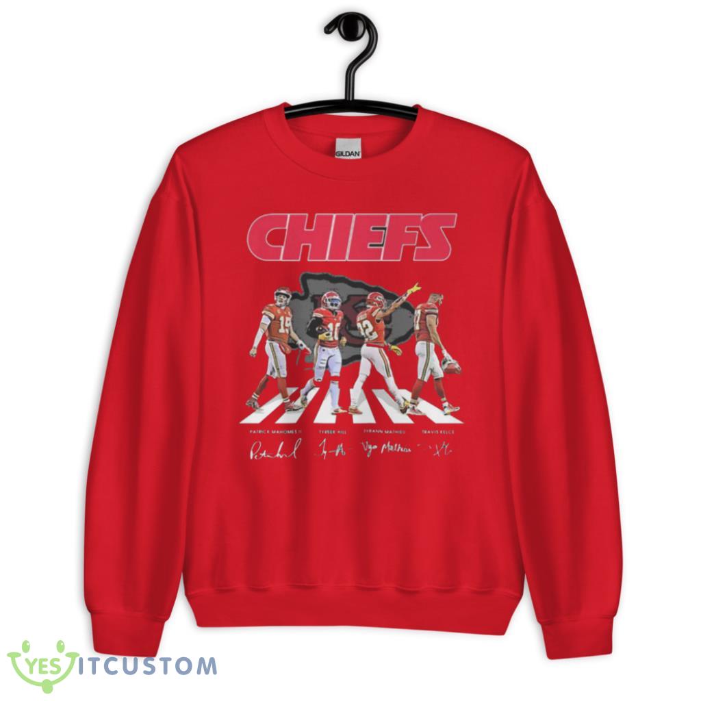 The Chiefs Patrick Mahomes II Tyreek Hill Tyrann Mathieu And Travis Kelce Abbey Road Signatures Shirt 2 The Chiefs Patrick Mahomes II Tyreek Hill Tyrann Mathieu And Travis Kelce Abbey Road Signatures Shirt Product Photo 2