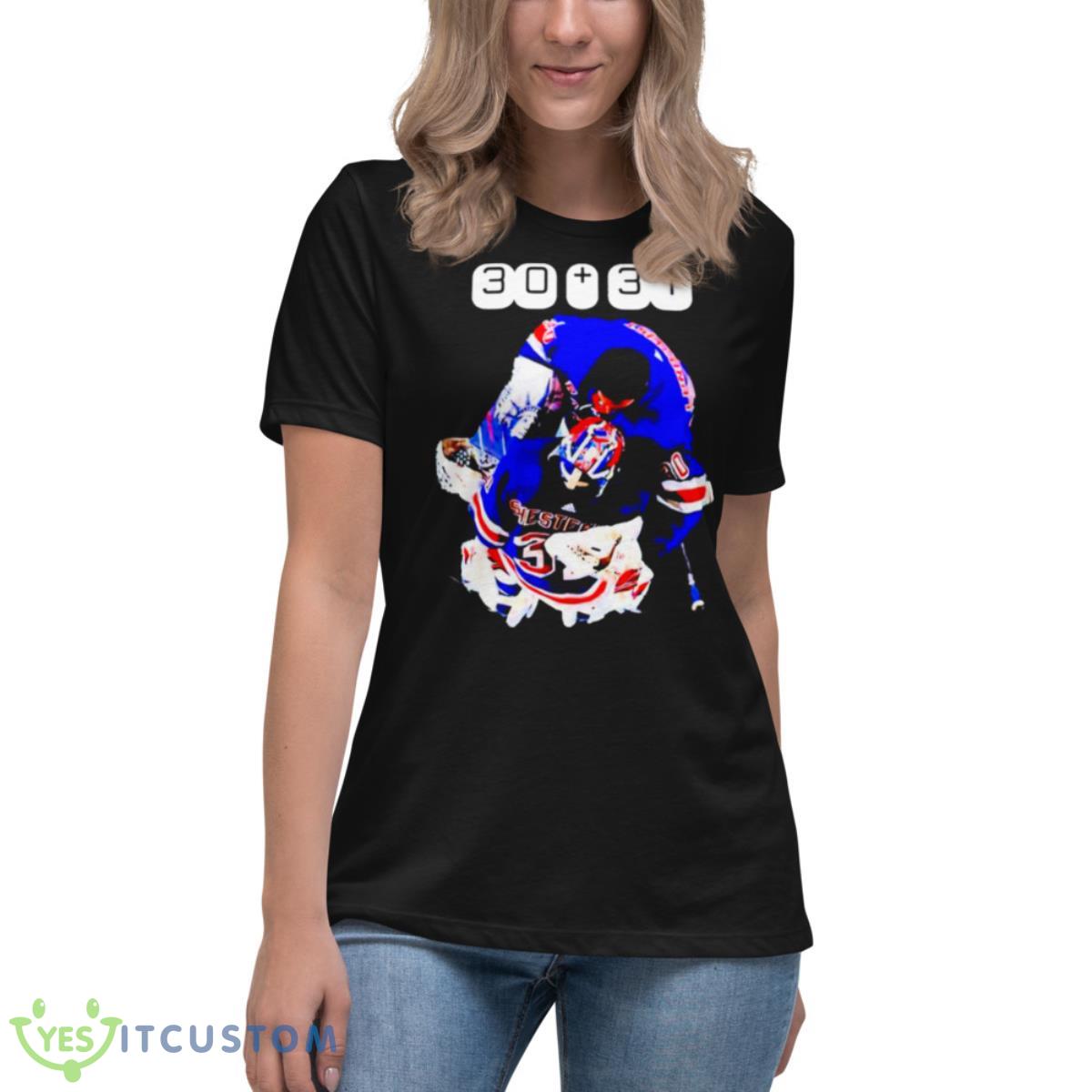 Igor Shesterkin And Henrik Lundqvist 30 31 NY Rangers Shirt 6 Igor Shesterkin And Henrik Lundqvist 30 31 NY Rangers Shirt - Women's Relaxed Short Sleeve Jersey Tee
