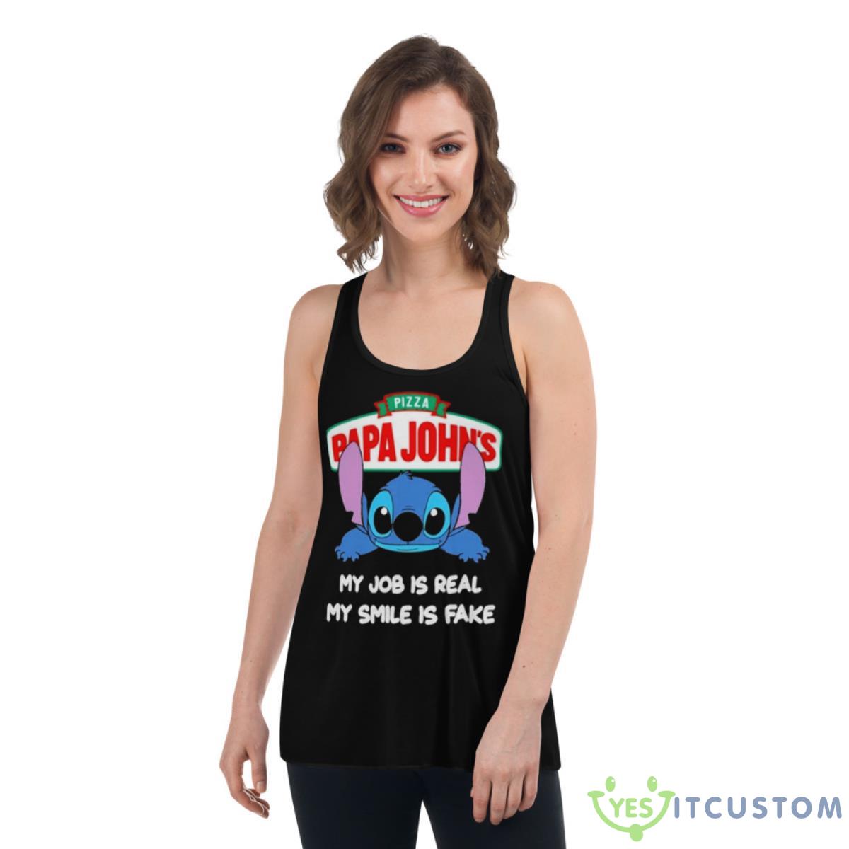 Baby Stitch And Papa John’s Pizza My Job Is Real My Smile Is Fake Shirt 5 Baby Stitch And Papa John’s Pizza My Job Is Real My Smile Is Fake Shirt - Women's Flowy Racerback Tank