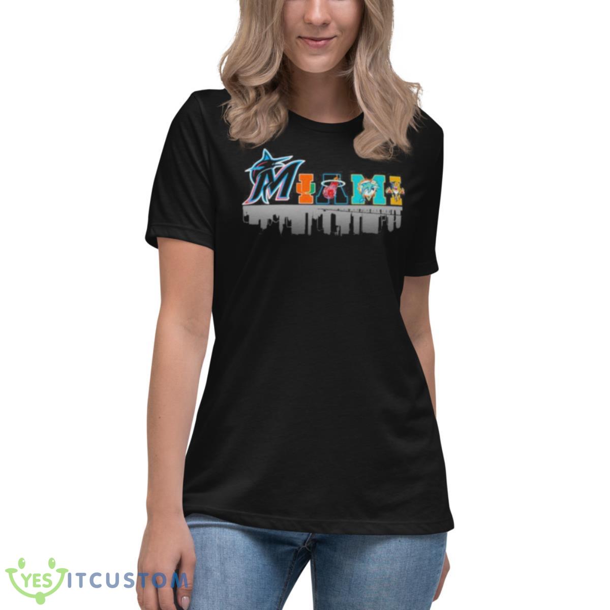 Miami Sport Teams Marlins Heat Dolphins Football 2023 Shirt 6 Miami Sport Teams Marlins Heat Dolphins Football 2023 Shirt - Women's Relaxed Short Sleeve Jersey Tee