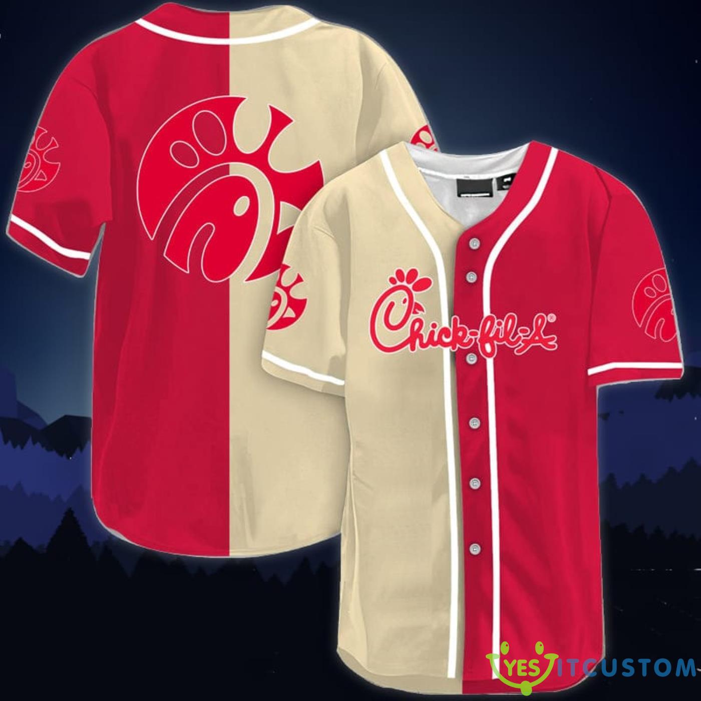Beige And Red Split Chick Fil A Baseball Jersey Shirt 3 Beige And Red Split Chick Fil A Baseball Jersey Shirt Product Photo 1