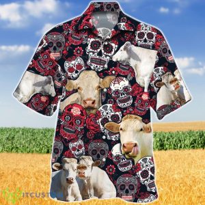 Charolais Cattle Lovers Sugar Skull Floral Hawaiian Shirt Product Photo 1