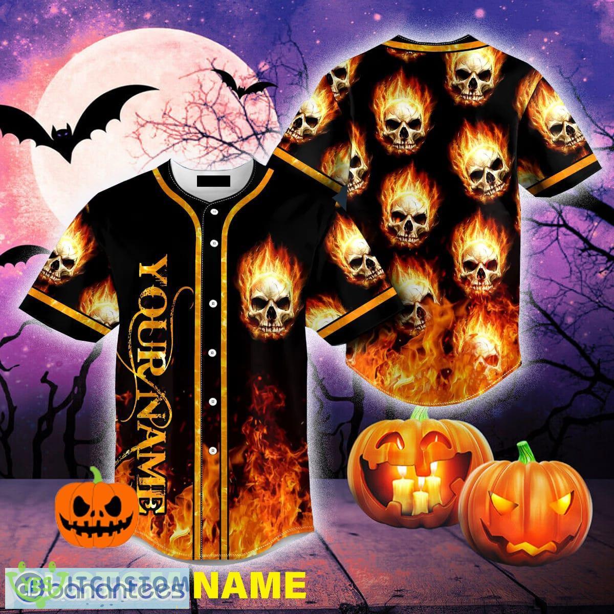 Custom Name Pile Of Fire Skull Baseball Jersey For Men And Women Gift Halloween - Pile Of Fire Skull Custom Baseball Jersey_1