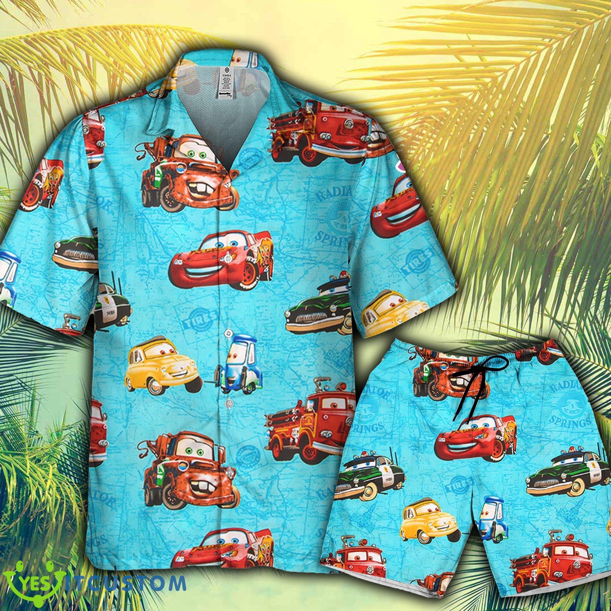 Disney Cars Blue Fabric Pattern Disney Hawaiian Shirt And Short For Men And Women Gift - Disney Cars Blue Fabric Pattern, Disney Haiwaii Shirt, Lightning McQueen Car Full Set Hawaii_1
