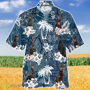 Doberman In Tropical Plants Pattern Blue And White Hawaiian Shirt Aloha Shirt For Men Women Product Photo 1