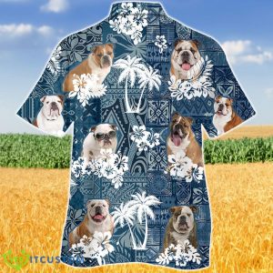 English Bulldo In Tropical Plants Pattern Blue And White Hawaiian Shirt Aloha Shirt For Men Women Product Photo 2