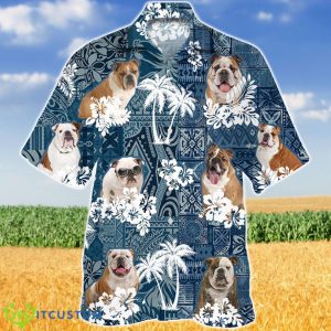 English Bulldo In Tropical Plants Pattern Blue And White Hawaiian Shirt Aloha Shirt For Men Women Product Photo 1