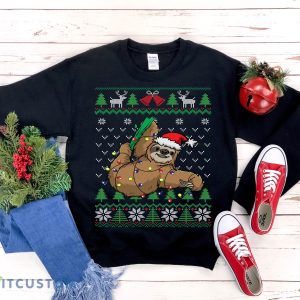 Funny Sloth Themed Ugly Christmas Sweatshirt Men And Women Gift Christmas - Funny Sloth Themed Ugly Christmas Sweatshirt, Cute Hanging Sloth Santa Hat & Christmas Lights, Gift for Sloth Lover Christmas Shirt_1