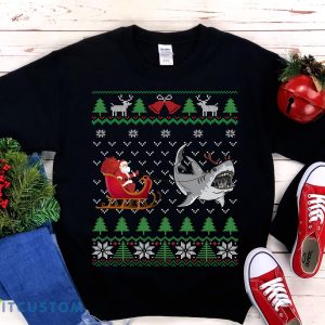 Great White Shark Pulling Santa's Sleigh Funny Shark Themed Ugly Christmas Sweatshirt - Great White Shark Pulling Santa's Sleigh Funny Shark Themed Ugly Christmas Sweatshirt Shark Lover Gift Christmas Shark Shirt_1