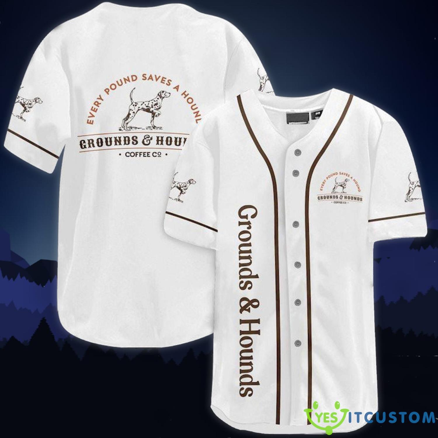 Grounds and Hounds Coffee White Baseball Jersey Shirt For Men And Women 3 Grounds and Hounds Coffee White Baseball Jersey Shirt For Men And Women Product Photo 1