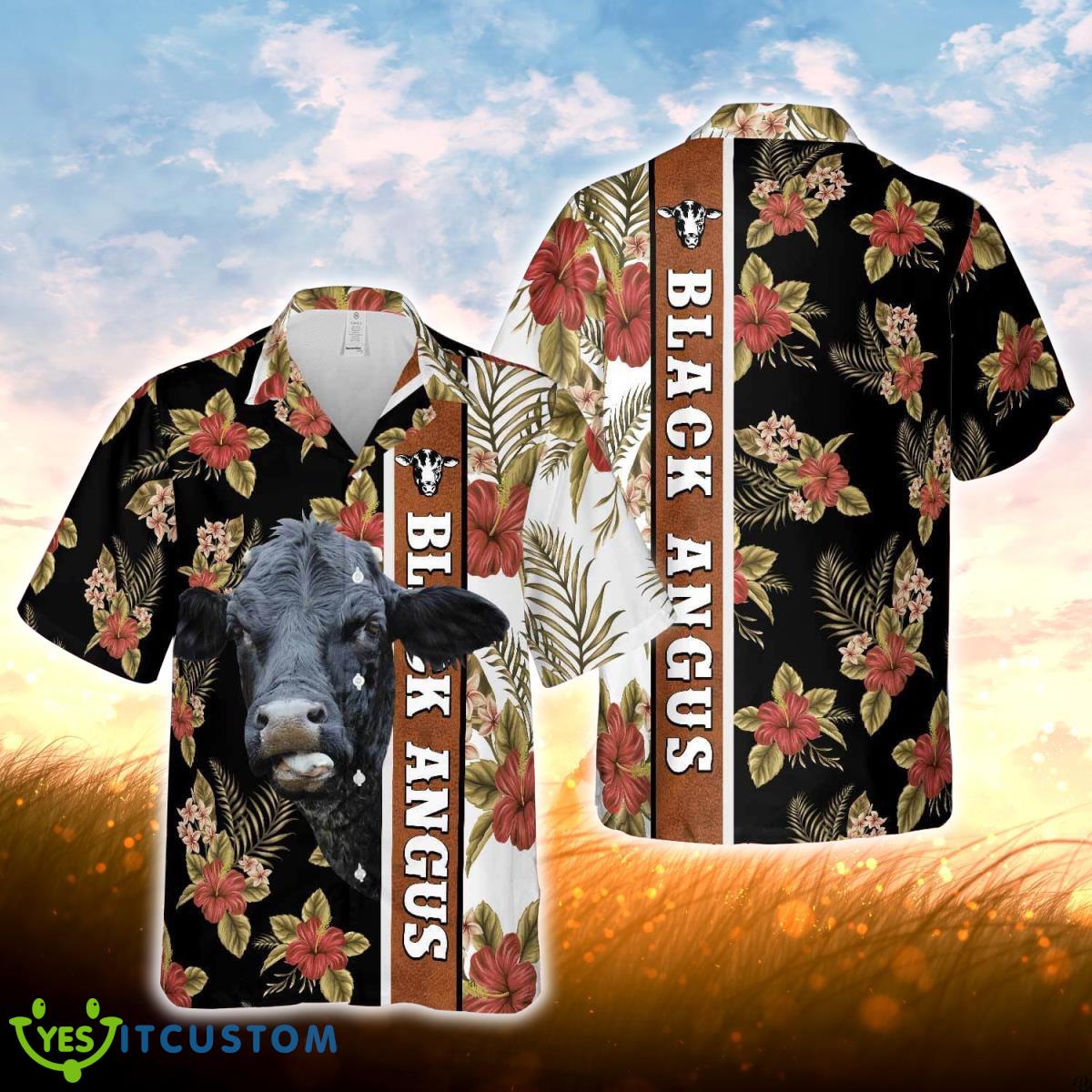 Hibiscus Flowers Black Angus Cattle Brown All Over Printed 3D Hawaiian Shirt For Men Women Product Photo 1