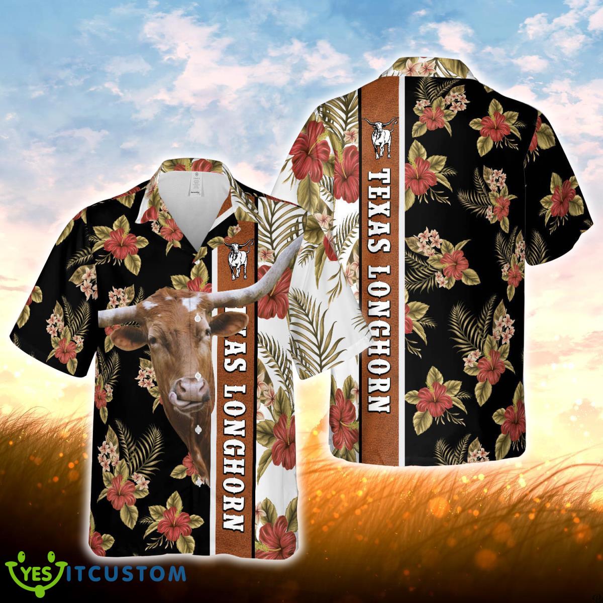 Hibiscus Flowers Texas Longhorn Cattle Brown All Over Printed 3D Hawaiian Shirt For Men Women Product Photo 1