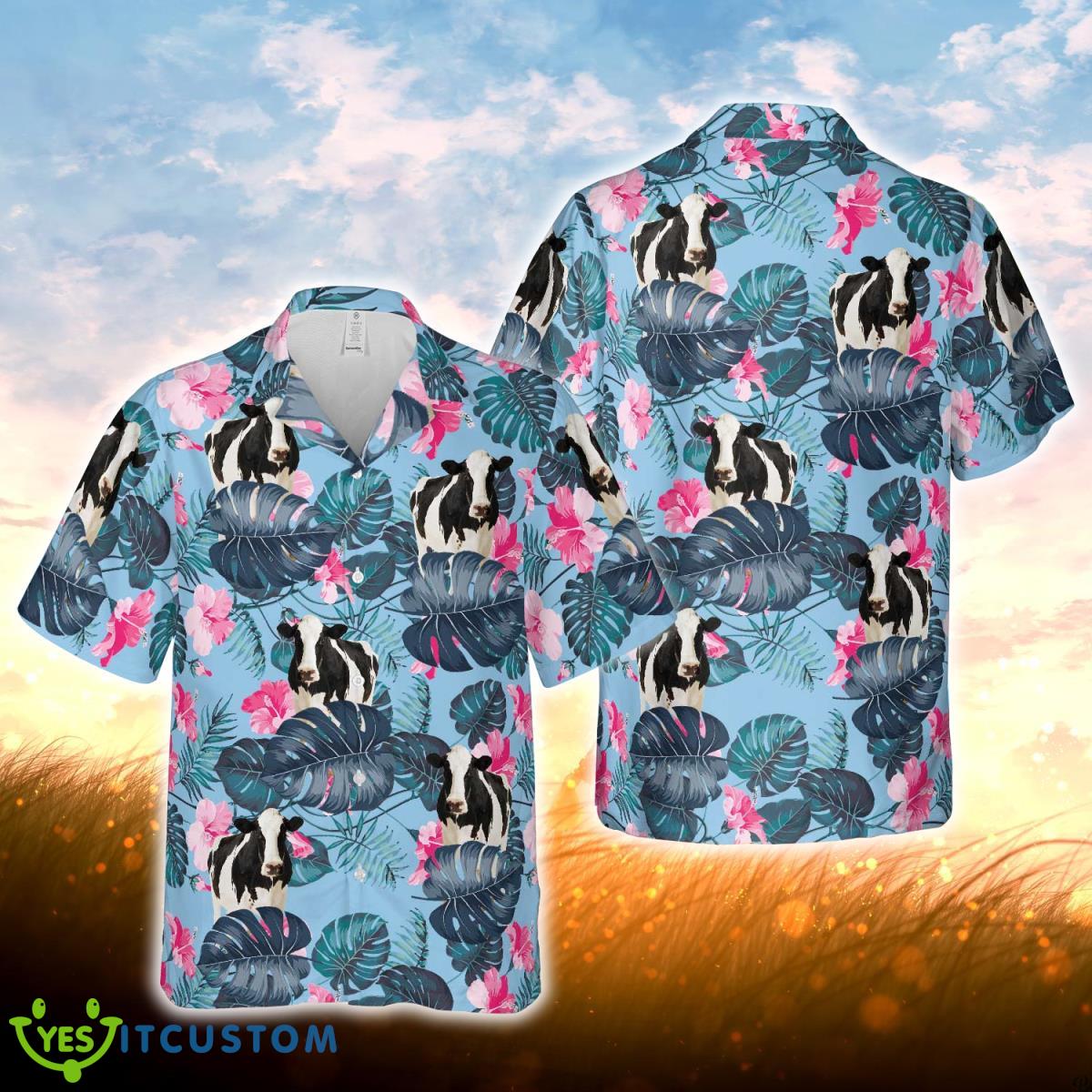 Holstein Blue Hibiscus Hawaiian Shirt For Men Women Product Photo 1