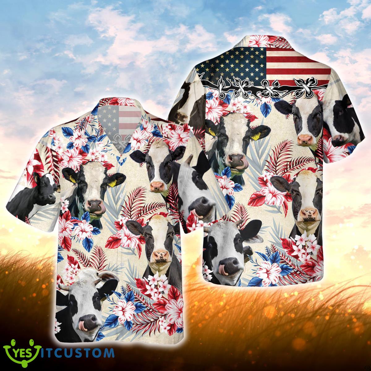 Holstein Friesian Cattle American Flag Hawaiian Flowers All Over Printed 3D Hawaiian Shirt For Men Women Product Photo 1
