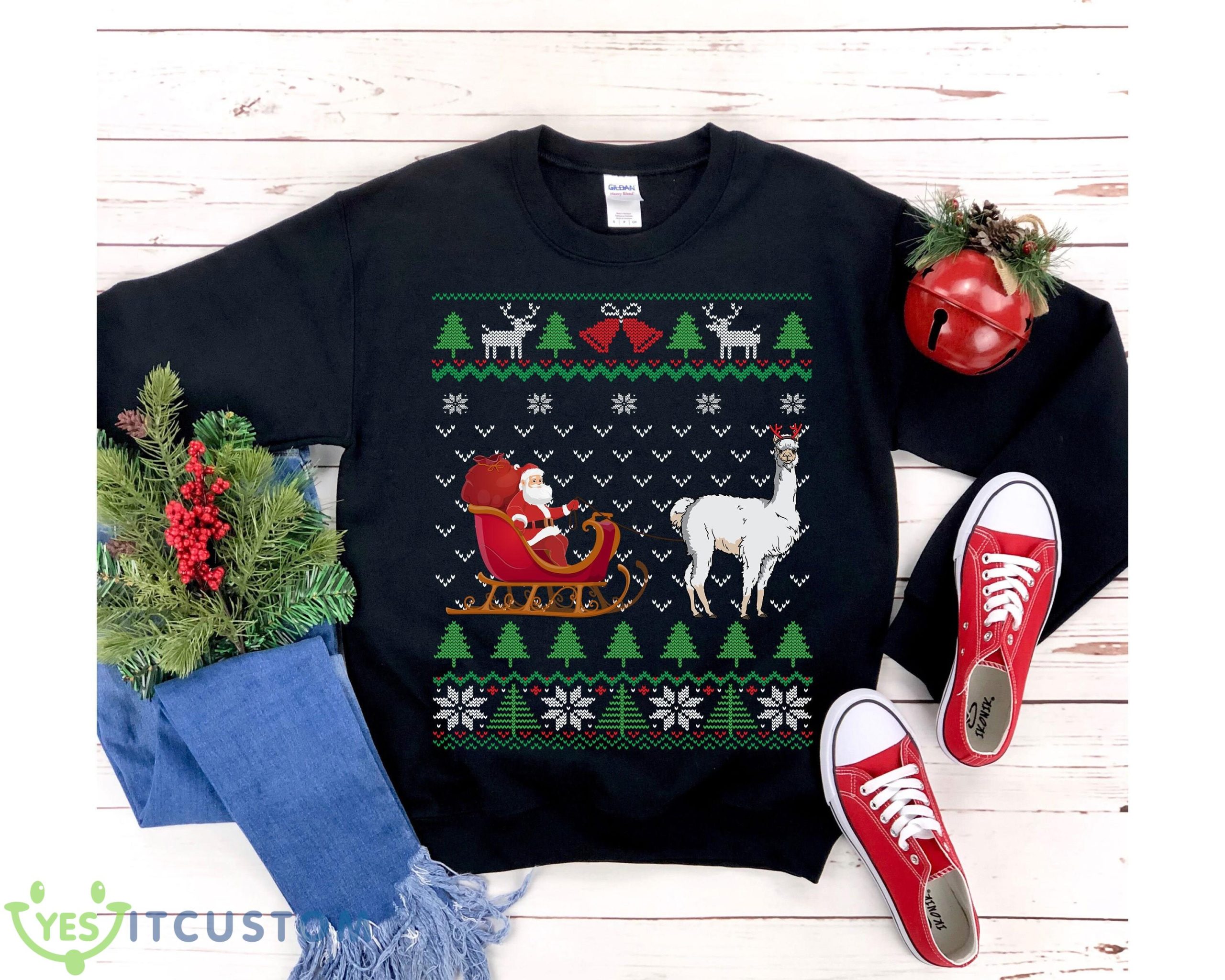 Llama Pulling Santa's Sleigh Funny Llama Themed Ugly Christmas Sweatshirt 8 llama pulling santas sleigh funny llama themed ugly christmas sweatshirt scaled