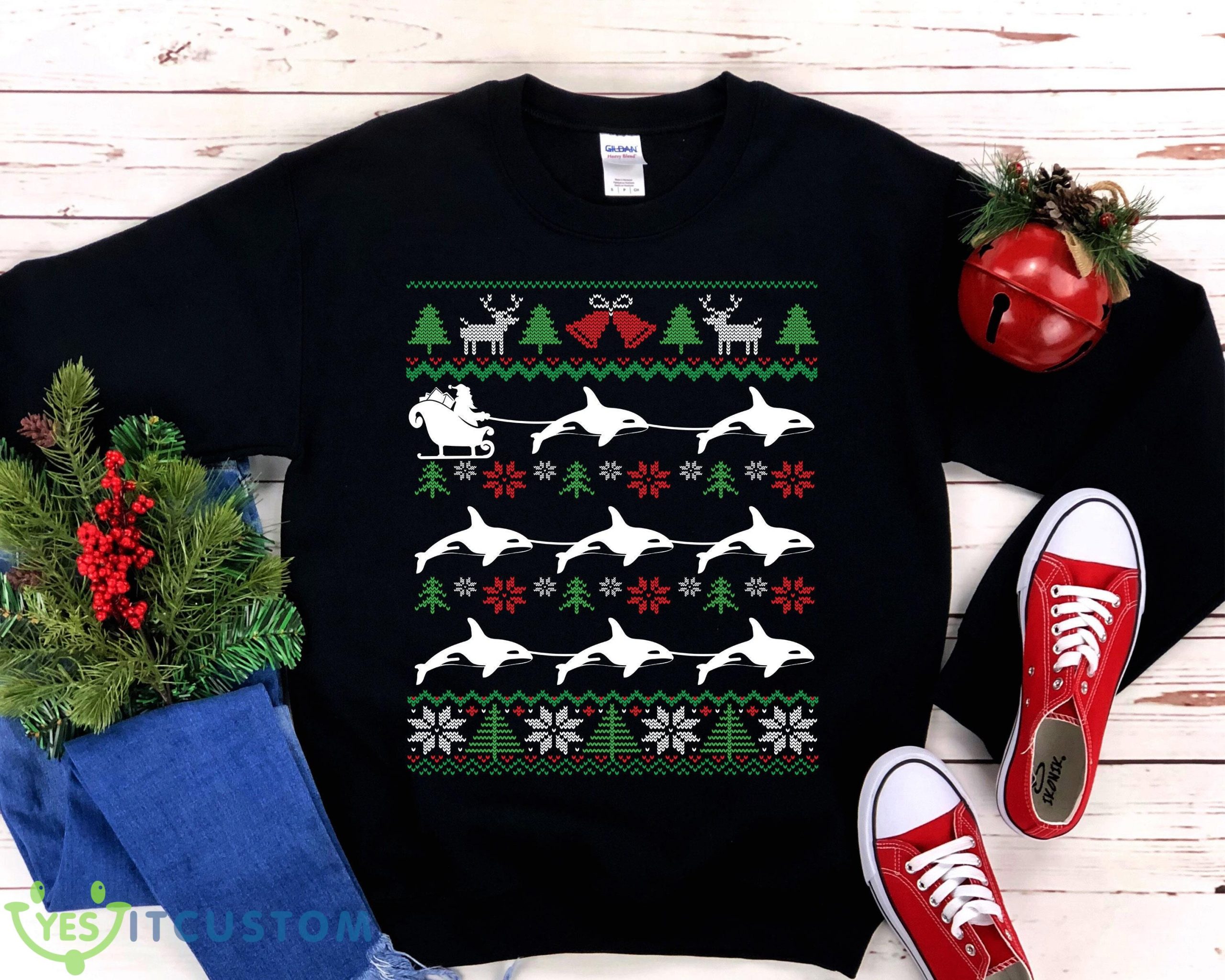 Orcas Pulling Santa Sleigh Funny Killer Whale Ugly Christmas Sweatshirt 12 Orcas Pulling Santa Sleigh Funny Killer Whale Ugly Christmas Sweatshirt - Orcas Pulling Santa Sleigh Funny Killer Whale Ugly Christmas Sweatshirt Whale Lover Gift Christmas Orca Shirt_1
