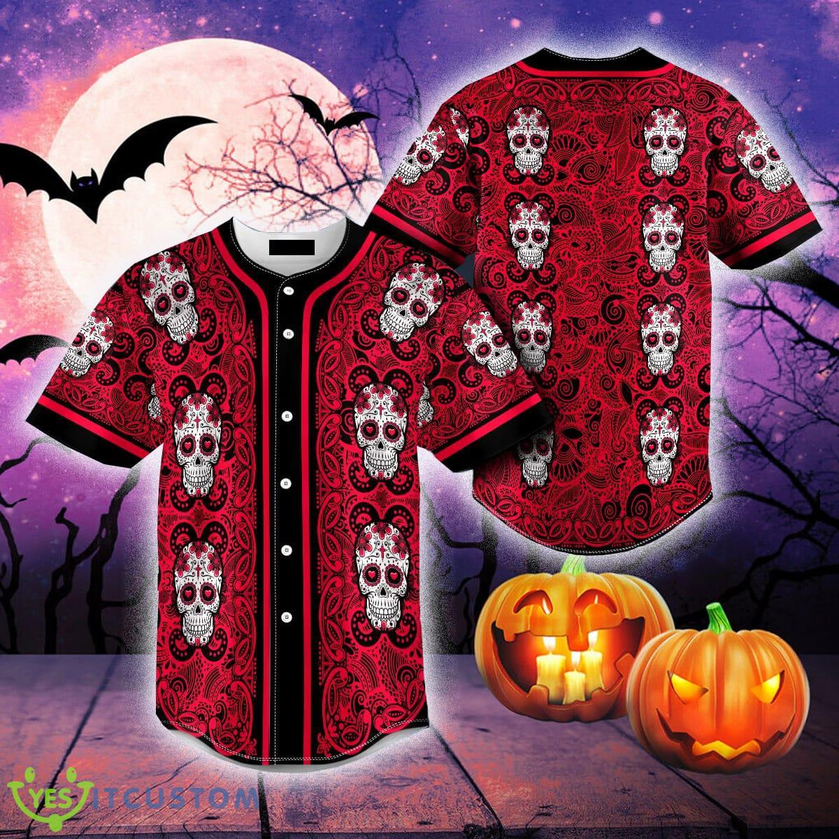 Red Pattern Of Sugar Skull Baseball Jersey For Men And Women Gift Halloween - Red Pattern Of Sugar Skull Baseball Jersey_1