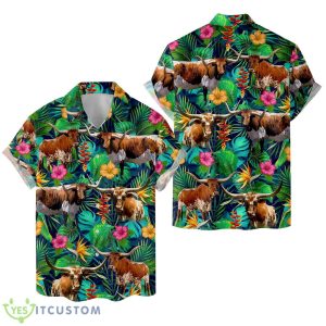 Tropical Texas Longhorn 3D Hawaiian Shirt Summer Beach For Men And Women Gift - Tropical Texas Longhorn Hawaiian Shirts for Men Women, Flower Cow Farm Button Down Short Sleeve Mens Hawaiian, Farm Lover Aloha Shirt_2