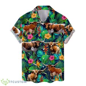 Tropical Texas Longhorn 3D Hawaiian Shirt Summer Beach For Men And Women Gift - Tropical Texas Longhorn Hawaiian Shirts for Men Women, Flower Cow Farm Button Down Short Sleeve Mens Hawaiian, Farm Lover Aloha Shirt_3