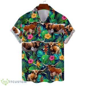 Tropical Texas Longhorn 3D Hawaiian Shirt Summer Beach For Men And Women Gift - Tropical Texas Longhorn Hawaiian Shirts for Men Women, Flower Cow Farm Button Down Short Sleeve Mens Hawaiian, Farm Lover Aloha Shirt_1