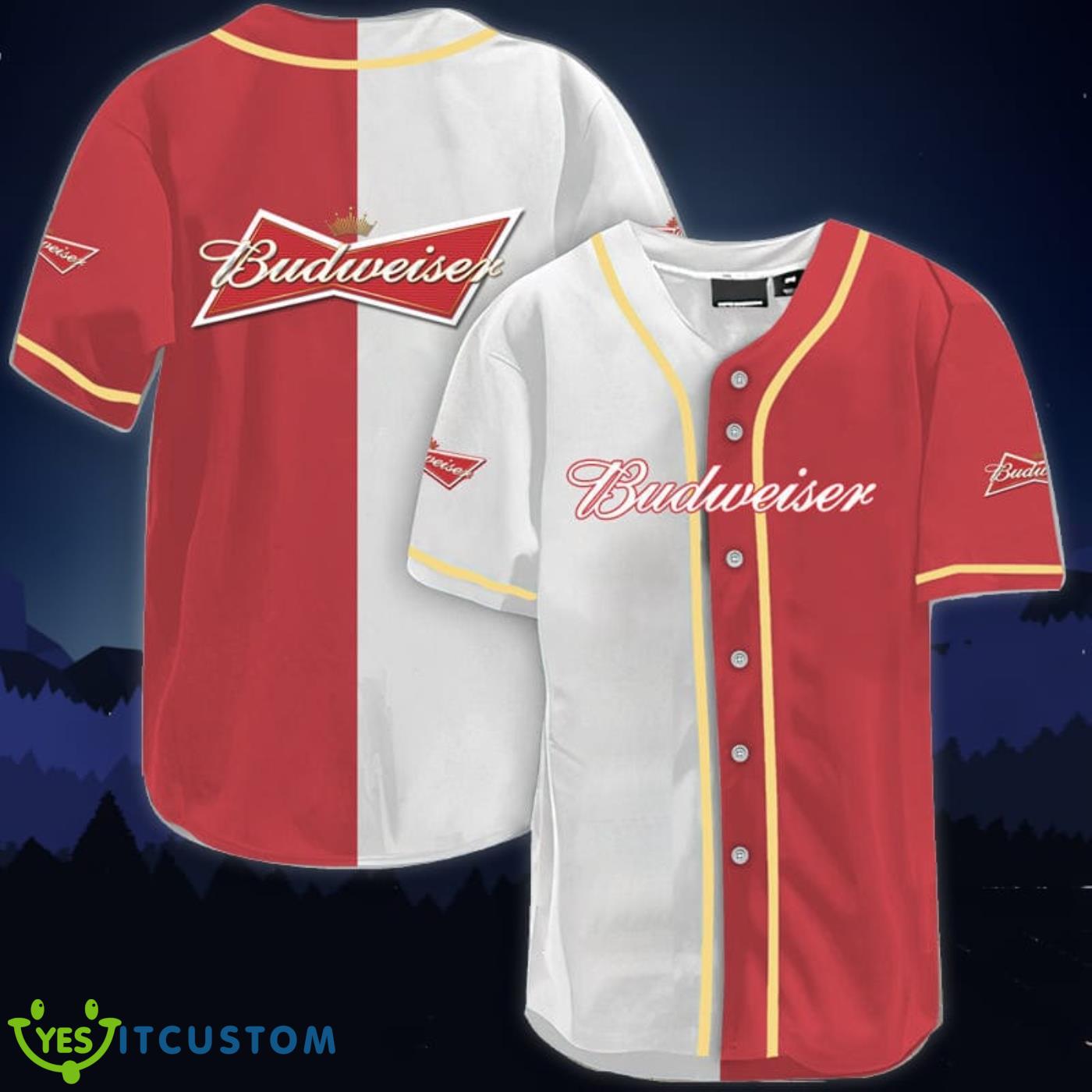 White And Red Split Budweiser Beer Baseball Jersey Shirt 3 White And Red Split Budweiser Beer Baseball Jersey Shirt Product Photo 1