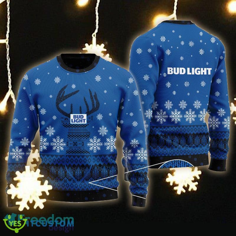 Blue Bud Light Reindeer Snowy Ugly Christmas Sweater Gift For Men Women - Blue Bud Light Reindeer Snowy Ugly Christmas Sweater Gift Men Women