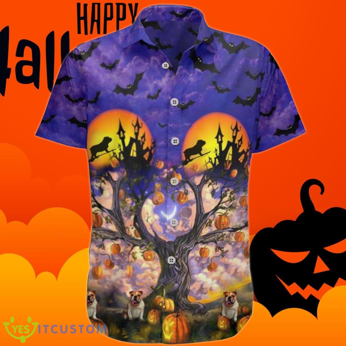 Bulldog Hawaiian Shirt Bat Pumpkin Halloween Graphic Gift For Bulldog Lover Product Photo 1