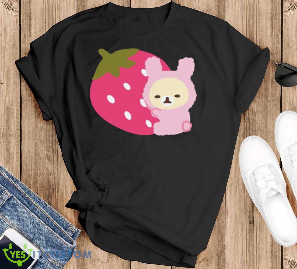 Bunny Korilakkuma Loves Strawberries Shirt - Black T-Shirt
