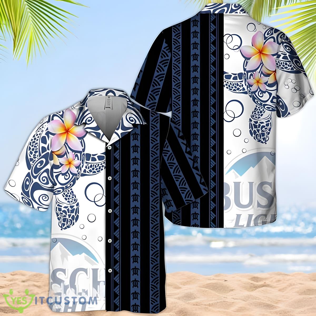 Busch Light Polynesian Pattern Blend Ocean Turtle Hawaiian Shirt For Summer - Busch Light Polynesian Pattern Blend Ocean Turtle Hawaiian Shirt