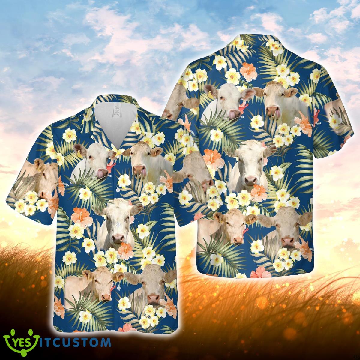 Charolais Summer Blue Floral 3D Hawaiian Shirt For Men Women Product Photo 1